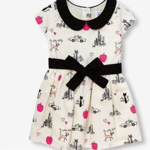 Girls Cat & Paris Themed Collard Dress with Black Bow around the waist, Size 5T